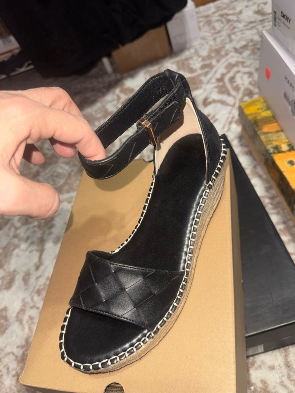 Black Quilted Espadrille Wedge Sandal with Ankle Strap